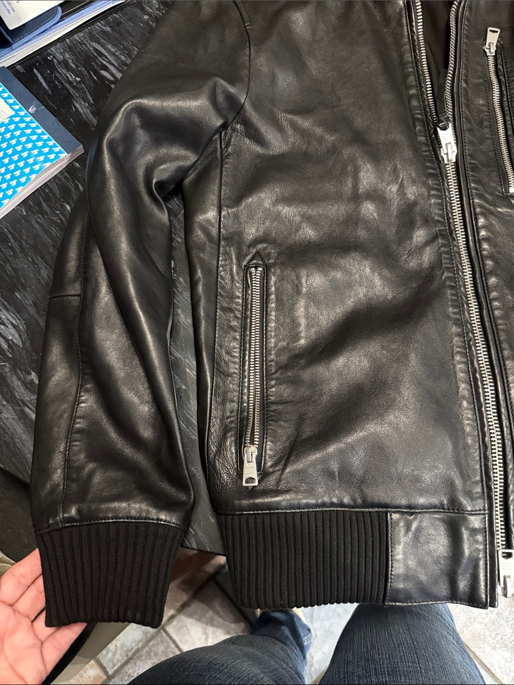 AllSaints Black Leather Bomber Jacket with Ribbed Hem & Collar - Picture 3 of 3
